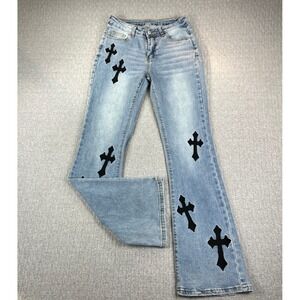 Bootcut Flare chrome heart style Jeans Women 26/25X30 Blue Cross Gothic Punk Y2K